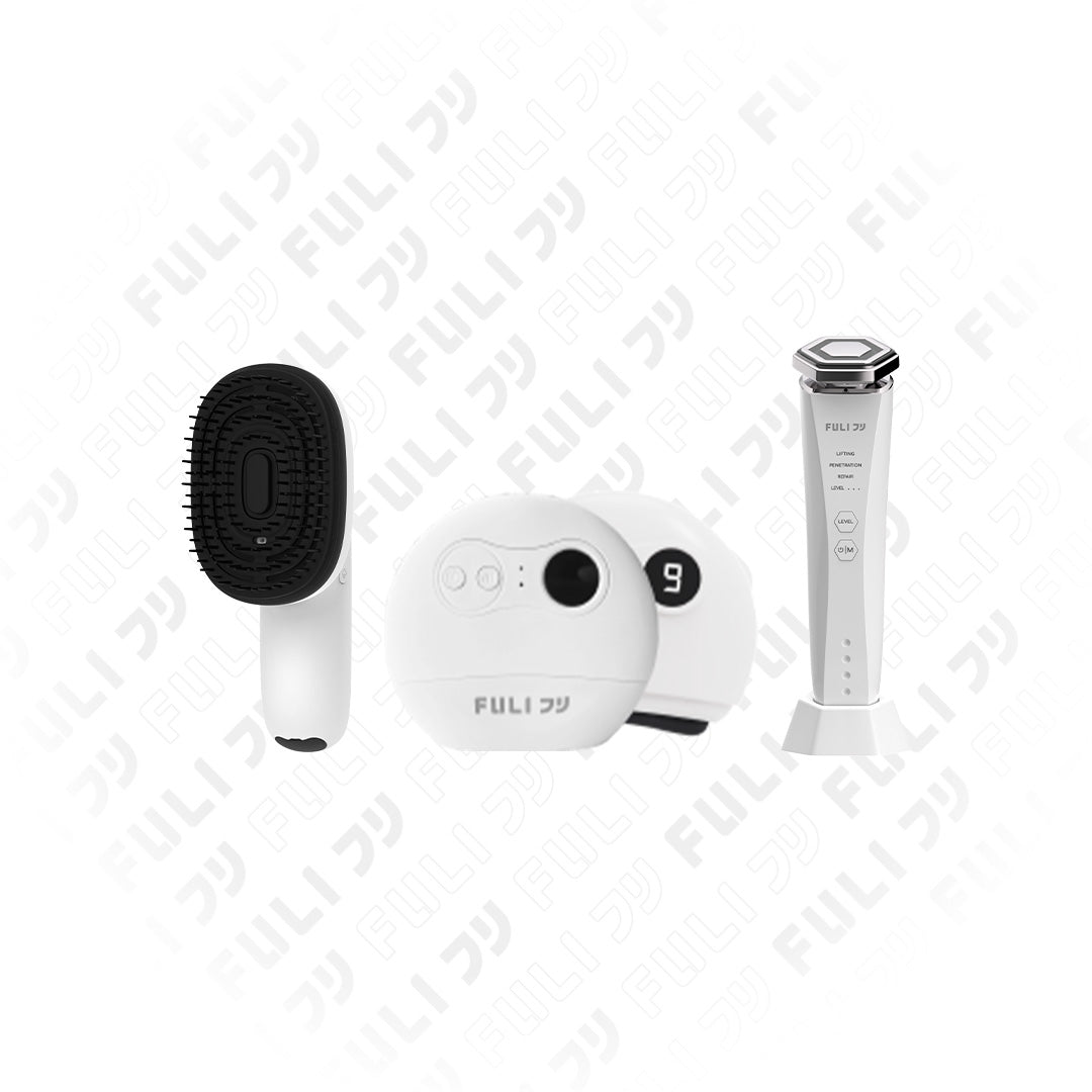 เซตรวมฮิตบิวตี้ไอเทม | FULI AromaRelax Scalp Massage Brush + FULI Natural Stone Electric Gua Sha + Re-Aging Intelligent Ultra RF/EMS Skin Tightening Device